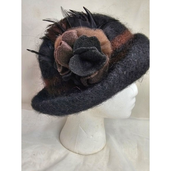 HAND-FELTED WOOL CLOCHE HAT with Feathers Wool Flower made in USA by Hat Hautees - Picture 1 of 10